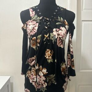Floral Lace-Up Cold Shoulder Top